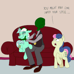Size: 1500x1500 | Tagged: safe, artist:anontheanon, bon bon, lyra heartstrings, sweetie drops, oc, oc:anon, earth pony, human, pony, unicorn, .mov, g4, amused, animated, blushing, bon bon is amused, clothes, couch, cuddling, cute, dialogue, eyes closed, female, gif, gradient background, hand, humie, lyrabetes, magic trick, male, mare, reference, snuggling, the marvelous misadventures of flapjack