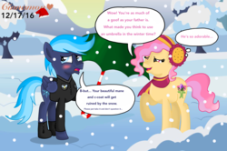 Size: 3313x2201 | Tagged: safe, artist:cinnamon-swirls, oc, oc only, oc:arctic gust, oc:violet rosebud, blushing, boots, clothes, dialogue, earmuffs, high res, male, next generation, offspring, parent:cheese sandwich, parent:pinkie pie, parent:rainbow dash, parent:soarin', parents:cheesepie, parents:soarindash, scarf, shipping, snow, snowfall, straight, umbrella, winter, winter outfit