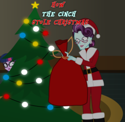 Size: 2240x2188 | Tagged: artist needed, safe, artist:bootsyslickmane, principal abacus cinch, sci-twi, twilight sparkle, equestria girls, g4, christmas, christmas tree, clothes, costume, hat, high res, how the grinch stole christmas, parody, santa costume, santa hat, the grinch, tree