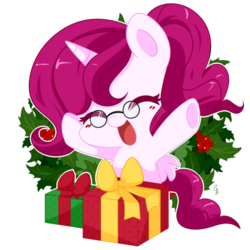 Size: 600x600 | Tagged: safe, artist:exceru-karina, oc, oc only, oc:roserade, pony, unicorn, blushing, christmas, cute, eyes closed, female, glasses, happy, hnnng, holly, ocbetes, open mouth, present, simple background, smiling, solo, transparent background