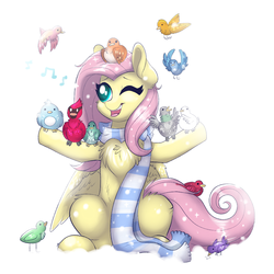 Size: 1000x1000 | Tagged: safe, artist:confetticakez, fluttershy, bird, g4, chest fluff, clothes, cute, music notes, one eye closed, open mouth, scarf, shyabetes, singing, snow, winter
