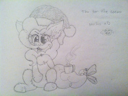 Size: 1280x956 | Tagged: safe, artist:petea-copine, pinkie pie, earth pony, pony, g4, beard, bell, bow, chocolate, dialogue, emoji, facial hair, female, food, hat, hot chocolate, monochrome, santa hat, sitting, solo, tail bow, traditional art, unshorn fetlocks