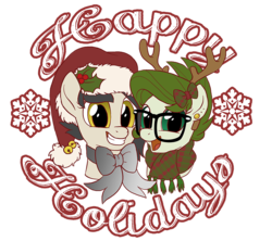 Size: 900x800 | Tagged: safe, artist:lostinthetrees, oc, oc only, oc:storm, oc:trees, earth pony, pony, bow, clothes, female, glasses, hair bow, happy holidays, mare, reindeer antlers, scarf