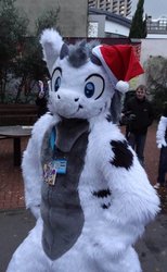 Size: 789x1280 | Tagged: safe, oc, oc only, oc:kaouk, human, clothes, cosplay, costume, fursuit, hat, irl, irl human, photo, santa hat