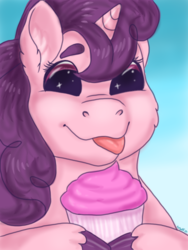 Size: 600x800 | Tagged: safe, artist:graffiti, sugar belle, pony, g4, :p, bust, cupcake, female, food, simple background, solo, tongue out