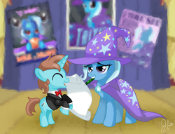 Size: 900x686 | Tagged: safe, artist:panda-jenn, trixie, oc, pony, unicorn, g4, autograph, commission, female, mare, mouth drawing, mouth hold, paper, pen, poster, trixie's cape, trixie's hat