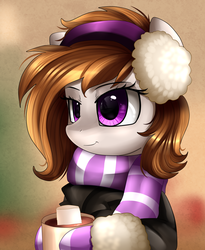 Size: 1446x1764 | Tagged: safe, artist:pridark, oc, oc only, oc:kumikoshy, earth pony, pony, bust, chocolate, clothes, commission, earmuffs, food, hot chocolate, marshmallow, portrait, scarf, smiling, solo