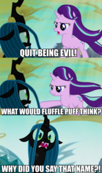 Size: 956x1617 | Tagged: safe, edit, edited screencap, screencap, queen chrysalis, starlight glimmer, oc, oc:fluffle puff, changeling, changeling queen, g4, to where and back again, alternate ending, batman v superman: dawn of justice, caption, eye contact, female, former queen chrysalis, frown, glare, gritted teeth, image macro, implied fluffle puff, implied lesbian, implied shipping, looking at each other, martha, meme, open mouth, parody, pointing, reference, save martha, screencap comic, uvula