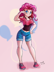 Size: 1200x1600 | Tagged: safe, artist:the-park, pinkie pie, human, g4, belly button, clothes, female, humanized, looking at you, midriff, shoes, shorts, smiling, sneakers, solo, tank top, thigh gap