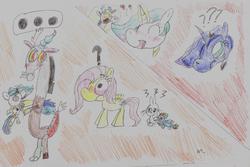 Size: 2639x1766 | Tagged: safe, artist:ptitemouette, angel bunny, discord, fluttershy, princess celestia, princess luna, g4, heart, male, ship:dislestia, shipping, straight, traditional art