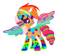Size: 900x851 | Tagged: safe, artist:katsubases, artist:spiritualpresence, oc, oc only, alicorn, pony, alicorn oc, base used, body markings, clashing colors, coat markings, colored horn, colored sclera, colored wings, donut steel, donut's teal, downvote bait, ear piercing, earring, eyestrain warning, facial markings, frown, heart, horn, interspecies offspring, jewelry, joke oc, multicolored eyes, multicolored hair, multicolored mane, multicolored tail, multicolored wings, my eyes, needs more saturation, neon, offspring, parent:discord, parent:rainbow dash, parents:discodash, piercing, rainbow eyes, rainbow gradient, rainbow wings, simple background, socks (coat markings), solo, spots, spread wings, tail, transparent background, trypophobia, why, wings, worried