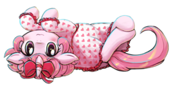 Size: 3000x1500 | Tagged: safe, artist:lumineko, oc, oc only, oc:neko heart, pony, unicorn, 2017 community collab, derpibooru community collaboration, :3, blushing, bow, clothes, cute, floppy ears, horn, horn bow, looking at you, lumineko is trying to murder us, nightgown, on back, ribbon, simple background, smiling, solo, transparent background