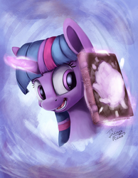 Size: 1184x1522 | Tagged: safe, artist:insanerobocat, twilight sparkle, pony, g4, book, bust, cute, female, glowing, glowing horn, horn, levitation, magic, snow, snowball, snowball fight, solo, telekinesis, twiabetes