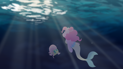 Size: 3840x2160 | Tagged: safe, artist:treblesketchofficial, fluttershy, pinkie pie, earth pony, fish, merpony, pony, g4, ariel, crepuscular rays, duo, fishified, flounder (the little mermaid), floundershy, flutterfish, high res, looking up, mermaidized, partiel, pinkie tales, species swap, the little mermaid, underwater