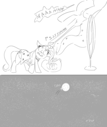 Size: 832x986 | Tagged: safe, artist:dotkwa, princess luna, trixie, pony, unicorn, g4, comic, duo, duo female, female, floppy ears, full moon, grayscale, magic, mare, monochrome, moon, night, night sky, raised hoof, stars, to the moon