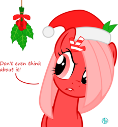 Size: 2193x2364 | Tagged: safe, artist:arifproject, part of a set, oc, oc only, oc:downvote, earth pony, pony, derpibooru, g4, annoyed, arif's mistletoe pone, derpibooru ponified, dialogue, frown, glare, hair accessory, hair over one eye, hat, high res, holly, holly mistaken for mistletoe, leaf, meta, ponified, santa hat, simple background, solo, transparent background, vector