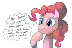 Size: 422x285 | Tagged: safe, artist:dotkwa, pinkie pie, earth pony, pony, g4, female, frown, ponk, simple background, solo, sweat, sweatdrop, thinking, thought bubble, white background