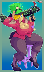 Size: 1800x2985 | Tagged: safe, artist:creamygravy, oc, oc only, oc:vanillablitz, anthro, agonizing emerald, big breasts, boots, breasts, clothes, diplomat, female, gentle manne's service medal, hair over one eye, killstreak, looking at you, medal, painted, pinup, rocket launcher, scarf, sitting, soldier, soldier (tf2), solo, stool, stout shako, team fortress 2, terror-watt, the bitter taste of defeat and lime, translucent mane