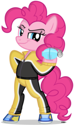 Size: 2430x4100 | Tagged: safe, artist:a4r91n, pinkie pie, earth pony, pony, g4, bipedal, clothes, female, grenade, high res, holding, looking at you, pose, shoes, simple background, smug, sneakers, solo, tracksuit, transparent background, vector