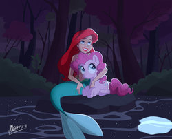 Size: 1024x829 | Tagged: safe, artist:nippy13, pinkie pie, earth pony, mermaid, pony, g4, ariel, crossover, disney, duo, fanfic, fanfic art, female, full moon, hug, mare, moon, night, prone, river, signature, story in the comments, the little mermaid, tree