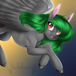 Size: 3300x3300 | Tagged: safe, artist:noodlefreak88, oc, oc only, oc:blazing cookie, pegasus, pony, eye contact, green hair, high res, looking at each other, solo, youtuber