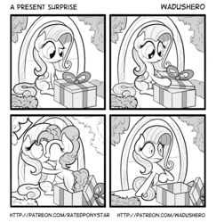 Size: 1280x1319 | Tagged: safe, artist:wadusher0, fluttershy, pinkie pie, pony, g4, blushing, box, comic, female, grayscale, kissing, lesbian, monochrome, pony in a box, ship:flutterpie, shipping, surprise kiss, surprised