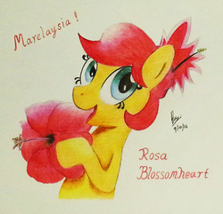 Size: 2249x2169 | Tagged: safe, artist:brianchoobrony-artie, oc, oc only, oc:rosa blossomheart, earth pony, pony, female, flower, happy, hibiscus, high res, malaysia, mare, pun, smiling, solo, traditional art
