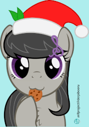 Size: 560x800 | Tagged: safe, artist:arifproject, derpibooru exclusive, octavia melody, earth pony, pony, g4, :3, animated, arif's christmas pones, arif's scrunchy pone, blue background, chest fluff, cookie, cute, female, food, gif, hat, hnnng, holding, leaf, looking at you, mare, munching, santa hat, simple background, solo, tavibetes