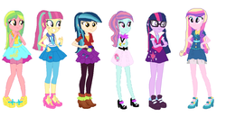 Size: 1119x584 | Tagged: safe, artist:diana173076, dean cadance, indigo zap, lemon zest, princess cadance, sci-twi, sour sweet, sunny flare, twilight sparkle, equestria girls, g4, 1000 hours in ms paint, alternate clothes, alternate hairstyle, alternate universe, anatomically incorrect, base used, clothes swap, ms paint, wondercolts