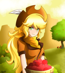 Size: 2440x2728 | Tagged: safe, artist:ciderpunk, derpibooru exclusive, oc, oc only, oc:applesunrise, human, apple, apple orchard, apple tree, basket, clothes, food, fruit, high res, humanized, humanized oc, scarf, scenery, signature, solo, tree