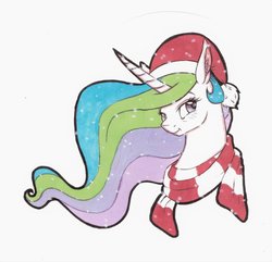 Size: 800x772 | Tagged: dead source, safe, artist:eternalsubscriber, princess celestia, alicorn, pony, g4, blushing, clothes, ear fluff, female, hat, santa hat, scarf, simple background, snow, snowfall, solo, traditional art