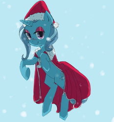 Size: 1594x1708 | Tagged: safe, artist:white-pilled, trixie, pony, unicorn, g4, cloak, clothes, female, hat, mare, santa hat, smiling, snow, solo
