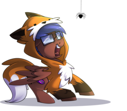 Size: 3000x2629 | Tagged: safe, artist:drawntildawn, oc, oc only, oc:odyssey flash, fox, pegasus, pony, spider, clothes, costume, glasses, high res, male, open mouth, scared, simple background, solo, transparent background