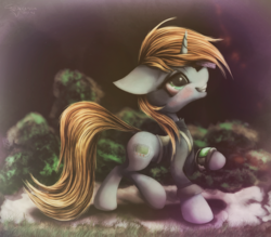 Size: 1943x1700 | Tagged: safe, artist:ferasor, oc, oc only, oc:littlepip, pony, unicorn, fallout equestria, blushing, clothes, drug use, drugs, fanfic, fanfic art, female, floppy ears, high, hooves, horn, implied drug use, jumpsuit, mare, mint-als, party time mintals, pipbuck, smiling, solo, teeth, vault suit