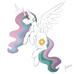 Size: 2000x2000 | Tagged: safe, artist:fantasystaples, princess celestia, pony, g4, chest fluff, cute, cutelestia, female, fluffy, flying, high res, looking at you, missing accessory, simple background, solo, spread wings, white background