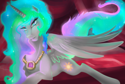 Size: 1200x800 | Tagged: safe, artist:mylittlegodzilla, princess celestia, pony, g4, bedroom eyes, ethereal mane, female, grin, jewelry, looking at you, messy mane, missing accessory, necklace, prone, smiling, solo, sparkles, spread wings