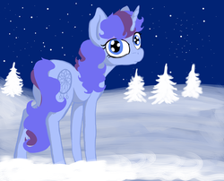 Size: 1751x1417 | Tagged: safe, artist:paskanaakka, derpibooru exclusive, oc, oc only, oc:midnight dew, pony, looking at you, looking back, night, snow, solo, stars, winter