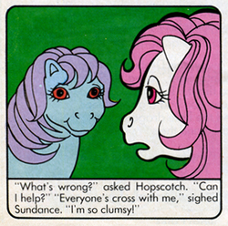Size: 302x300 | Tagged: safe, hopscotch, sundance, earth pony, pony, comic:my little pony (g1), g1, official, comic, creepy, cute, duo, faic, female, hopscawwtch, looking at each other, mare, out of context, red eyes, stare, sundance and the saucy sally, sundawwnce