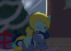 Size: 2328x1694 | Tagged: safe, artist:binkyt11, oc, oc only, oc:rolling thunder, oc:saving grace, pegasus, pony, alternate hairstyle, bittersweet, christmas, christmas tree, colt, crying, female, hug, letter, male, mare, medibang paint, mother and son, night, one eye closed, picture frame, pony pillow, ponytail, present, sleeping, smiling, tree, winghug