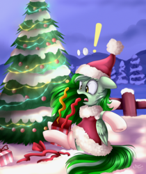 Size: 2098x2495 | Tagged: safe, artist:pridark, oc, oc only, pegasus, pony, snake, christmas, christmas tree, clothes, commission, exclamation point, fence, hat, high res, open mouth, present, santa hat, snow, solo, surprised, tongue out, tree