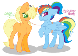 Size: 600x435 | Tagged: safe, artist:wishing-well-artist, applejack, rainbow dash, g4, female, frustrated, lesbian, missing accessory, missing cutie mark, ponytail, rope, ship:appledash, shipping, tied