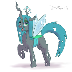Size: 1700x1700 | Tagged: dead source, safe, artist:hypno, queen chrysalis, changeling, changeling queen, g4, female, open mouth, raised hoof, smiling, solo
