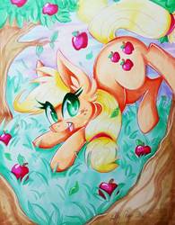 Size: 797x1024 | Tagged: safe, artist:shelbyartist, applejack, earth pony, pony, g4, apple, apple tree, female, food, solo, traditional art