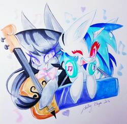 Size: 1024x1003 | Tagged: safe, artist:shelbyartist, dj pon-3, octavia melody, vinyl scratch, g4, cello, keyboard, musical instrument, one eye closed, traditional art, wink