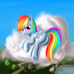 Size: 1500x1500 | Tagged: safe, artist:humbertomena, artist:rainbowdash, rainbow dash, pony, g4, butt, cloud, dock, female, on side, plot, rainbutt dash, solo, underhoof