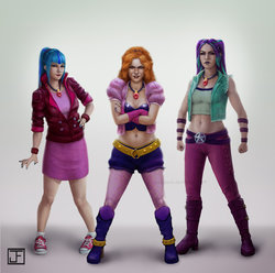 Size: 900x894 | Tagged: safe, artist:lockdevil, adagio dazzle, aria blaze, sonata dusk, equestria girls, g4, my little pony equestria girls: rainbow rocks, abs, belly button, boots, breasts, cleavage, clothes, converse, female, fishnet stockings, humanized, jewelry, midriff, necklace, pigtails, ponytails, realistic, shoes, skirt, sneakers, socks, the dazzlings, twintails