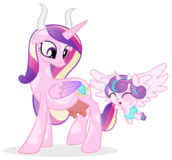 Size: 7167x6667 | Tagged: safe, artist:besttubahorse, princess cadance, princess flurry heart, cow, g4, absurd resolution, cow udder, cowified, duo, eyes closed, floppy ears, flying, looking back, mother and daughter, open mouth, princess cowdance, princess flurry cow, simple background, smiling, species swap, spread wings, transparent background, udder, underhoof, vector