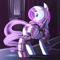 Size: 6000x6000 | Tagged: safe, artist:dimfann, rarity, cyborg, pony, unicorn, g4, absurd resolution, amputee, augmented, bedroom eyes, butt, commission, cyberpunk, eyeshadow, female, looking at you, looking back, makeup, plot, prosthetics, smiling, solo, underhoof