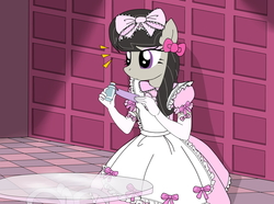 Size: 3000x2226 | Tagged: safe, artist:avchonline, octavia melody, earth pony, anthro, g4, alice in wonderland, bottle, bow, clothes, dress, evening gloves, female, gloves, hair bow, high res, lace, pinafore, puffy sleeves, ribbon, solo, table