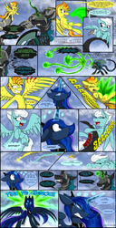 Size: 2460x4800 | Tagged: safe, artist:dangercloseart, fleetfoot, princess luna, queen chrysalis, spitfire, alicorn, changeling, changeling queen, pegasus, pony, comic:wings of fire, g4, blast, comic, crying, female, fight, high res, magic, magic beam, magic blast, mare, nightmare, nightmare chrysalis, nightmarified